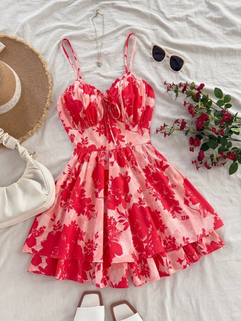 Red Boho Women's Ruffle Collar, Ruched Waist Spaghetti Strap A-Line Romper - Picture 8 of 12